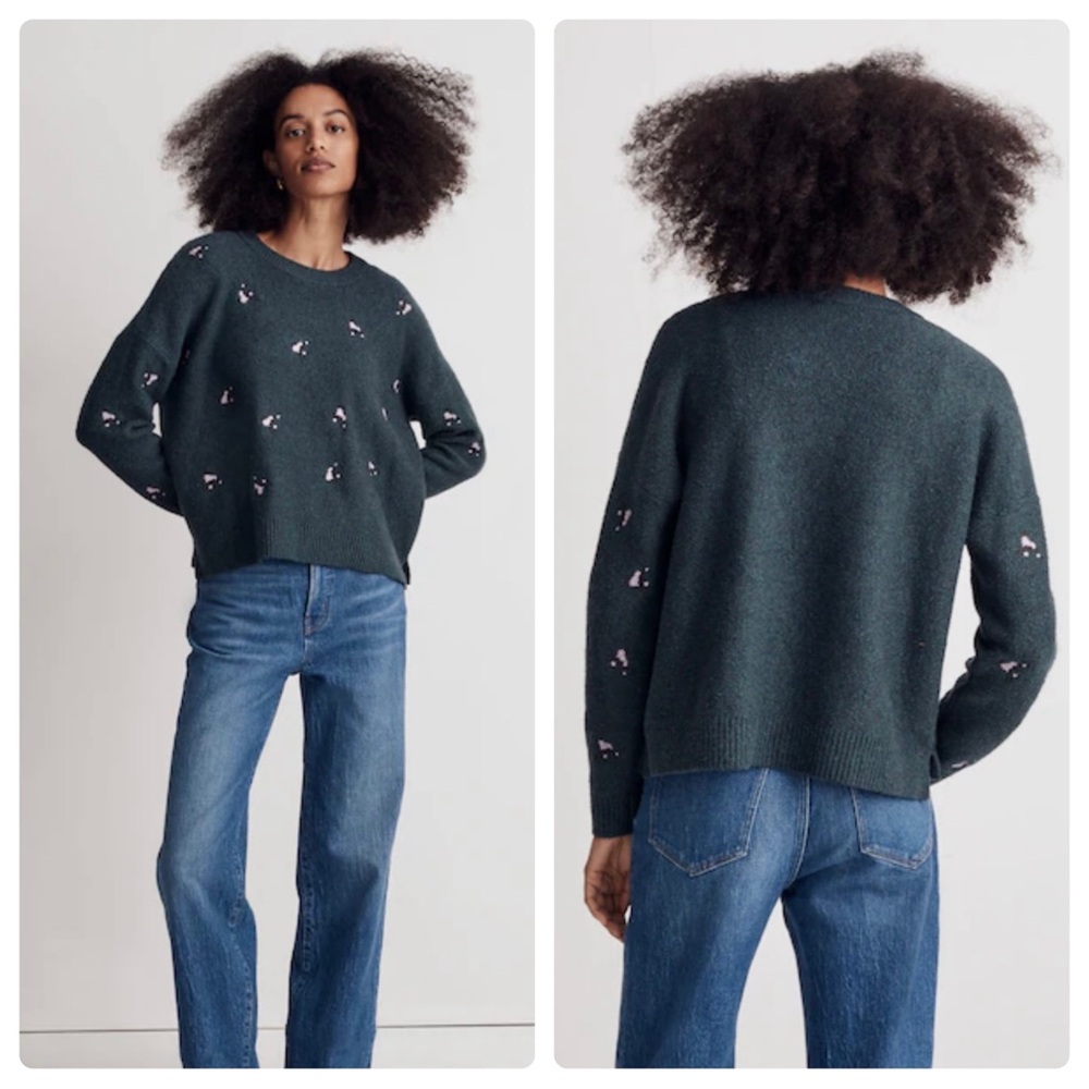 MADEWELL Embroidered Cross-Stitch Floral Pullover Sweater Heather Spruce Sz XS